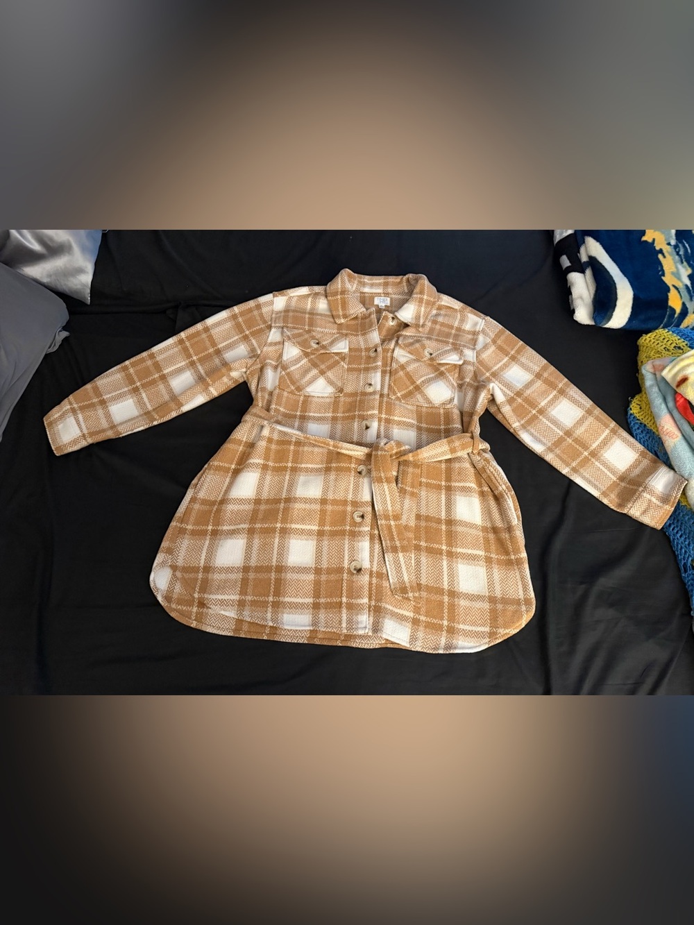 Women’s Time & Tru Plaid Button-Front Shacket w/belt in Tan & Cream size XL EUC